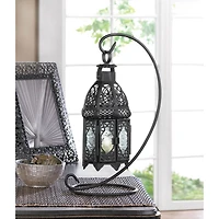 13" Curled Metal Stand with Black Moroccan Candle Lantern