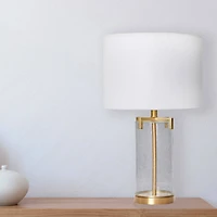 Hello Honey® Glass & Metal Brushed Gold Lamp with White Linen Shade