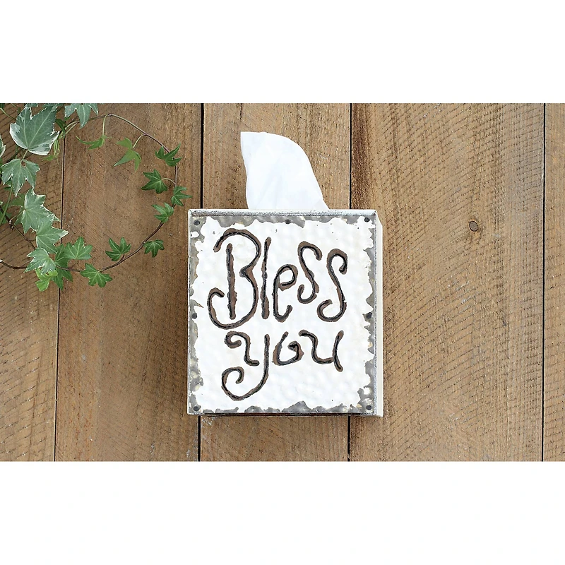 Hello Honey® 6.5" Wood & Metal "Bless You" Tissue Box Cover