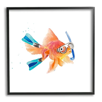 Stupell Industries Goldfish Pet Blue Snorkel Gear Funny Swimming Fish Framed Wall Art