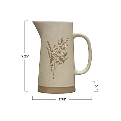 Hello Honey® 9" Matte White Wax Relief Botanical Image Reactive Glaze Stoneware Pitcher