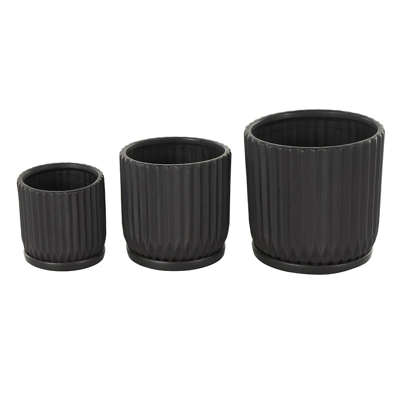 Black Ribbed Textured Ceramic Planter Set