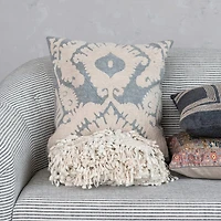 Hello Honey® Blue & Cream Damask Pattern Cotton Slub Tufted Pillow with Chambray Back