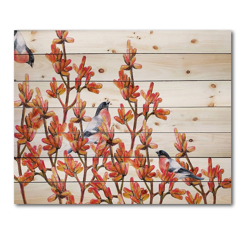 Designart - Flock of Bullfinches Birds on Orange Branches