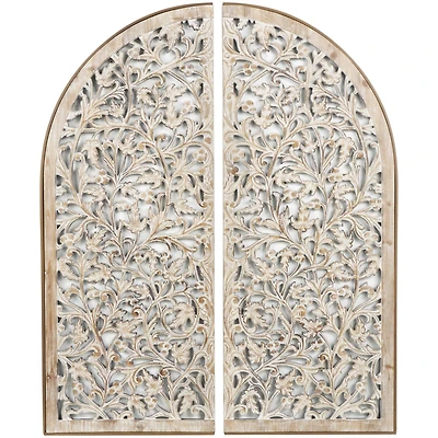 Brown Wood Handmade Floral Arched Wall Decor with Intricate Carvings, Set of 2