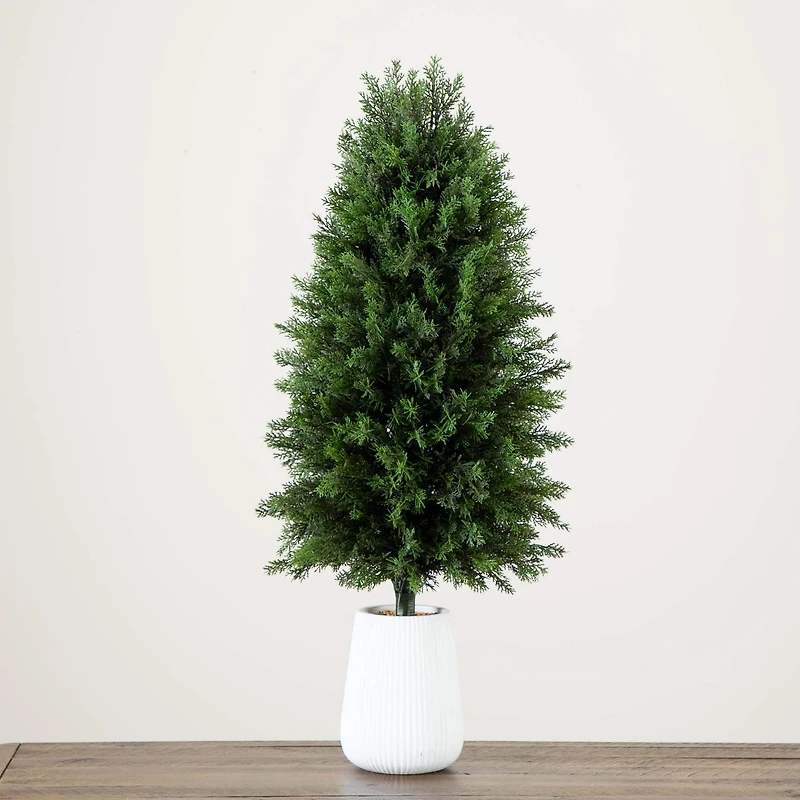 3ft. UV-Resistant Cedar Tree in Decorative White Planter