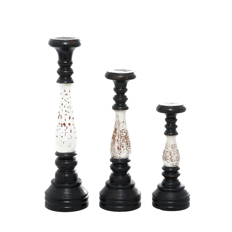 16" Black & White Wood Farmhouse Candlestick Holder Set