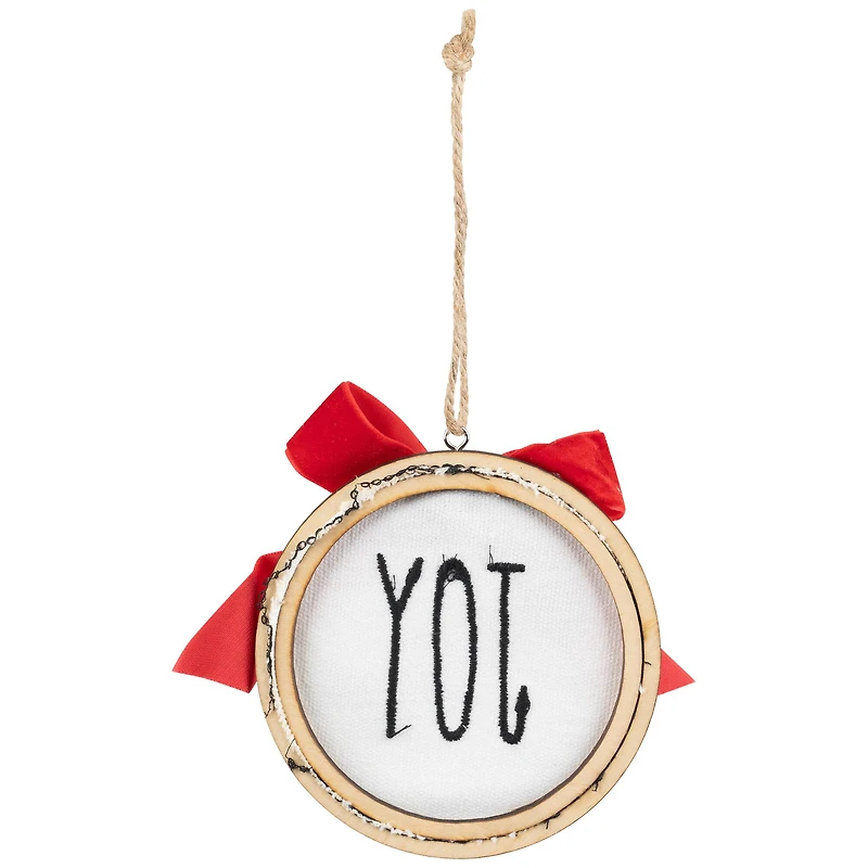Embroidered Joy with Bow Wooden Disc Christmas Ornament - 4.5" - Red and White