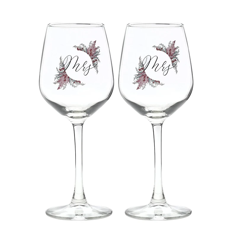 12oz. Mrs. & Mrs. Dried Floral Wine Glass Set