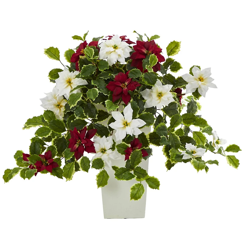 23” Poinsettia & Variegated Holly Artificial Plant in White Decorative Planter