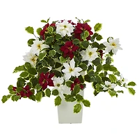 23” Poinsettia & Variegated Holly Artificial Plant in White Decorative Planter