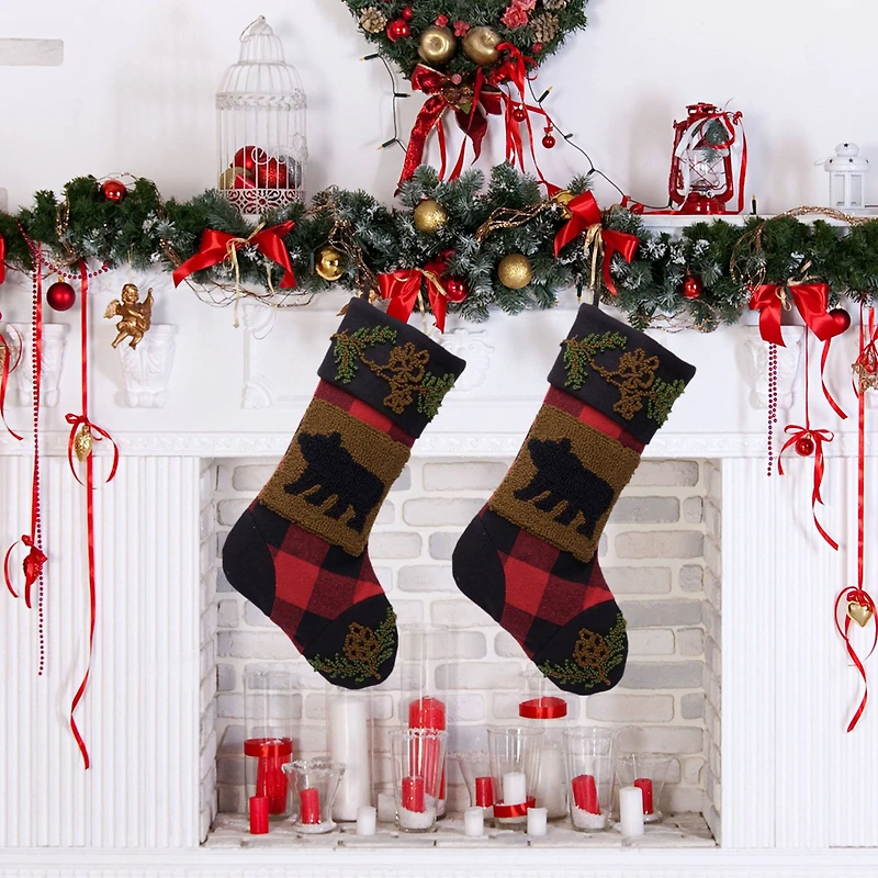 Glitzhome® 22" Red & Black Plaid Bear Stockings, 2ct.