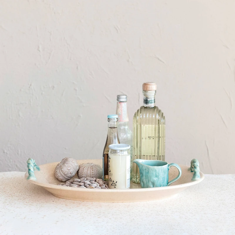 Hello Honey® 19" Cream & Blue Oval Terra Cotta Platter with Braided Handles