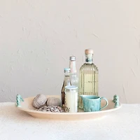 Hello Honey® 19" Cream & Blue Oval Terra Cotta Platter with Braided Handles