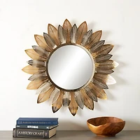 Gold Metal Abstract Layered Leaf Wall Mirror with Flower Shape
