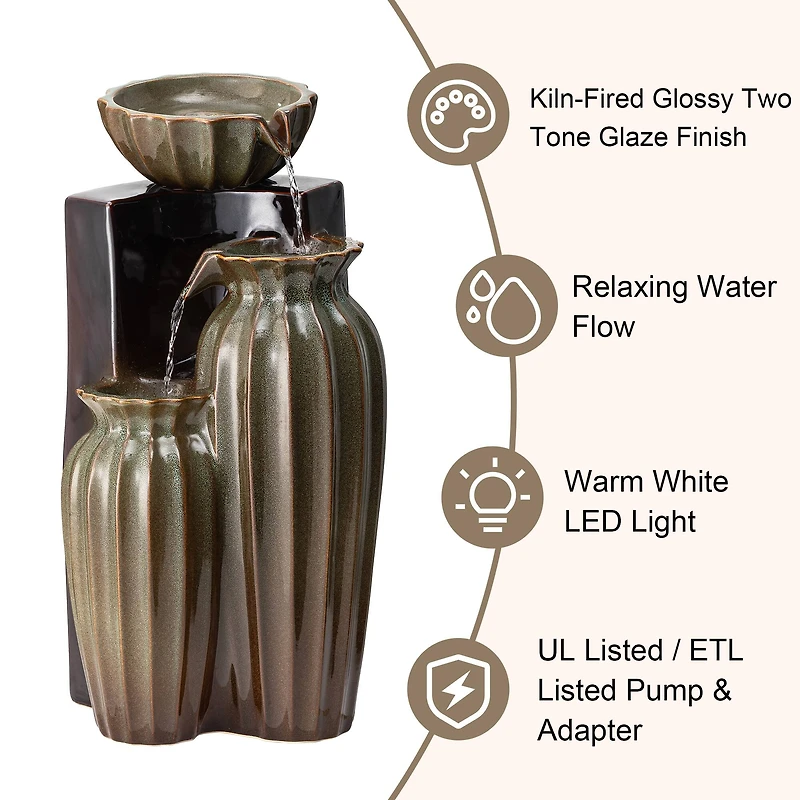 Glitzhome® 26.75" 3-Tier LED Fluted Textured Ceramic Outdoor Floor Fountain