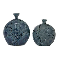 Set of 2 Blue Stoneware Eclectic Vase, 16", 13"