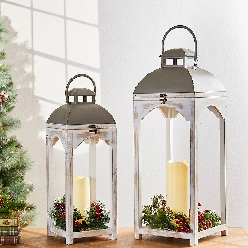 Glitzhome® White Wooden Modern Farmhouse Lantern Set
