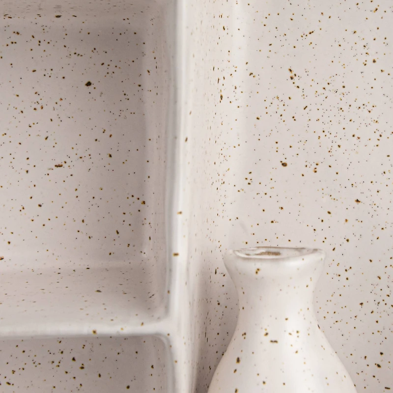 Hello Honey® 8.5" Cream Stoneware Footed Shelf with 4 Compartments & Attached Vase with Reactive Glaze