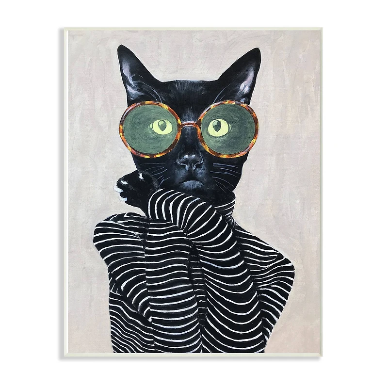 Stupell Industries Fashion Feline Striped Shirt And Round Glasses Cat, 10" x 15"