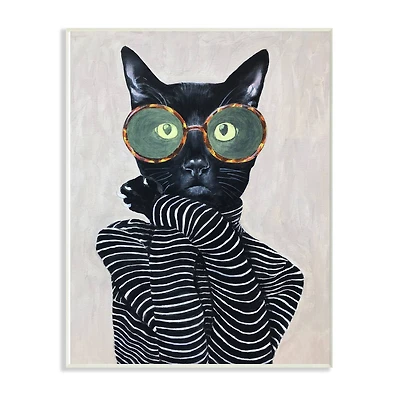 Stupell Industries Fashion Feline Striped Shirt And Round Glasses Cat, 10" x 15"