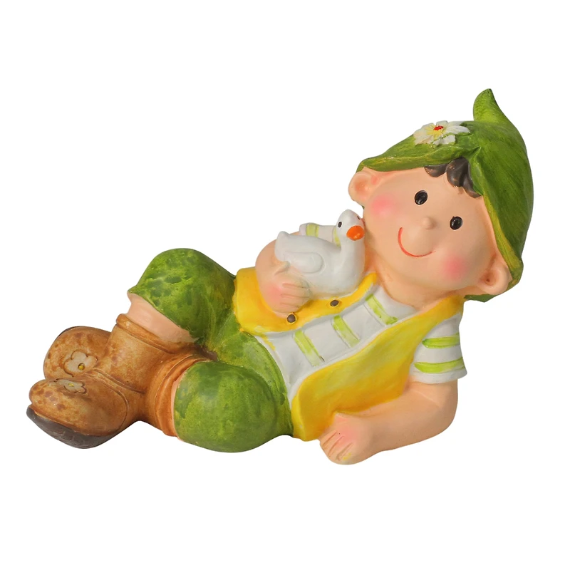 7.5" Young Boy Gnome Laying with Duck Spring Outdoor Garden Figure