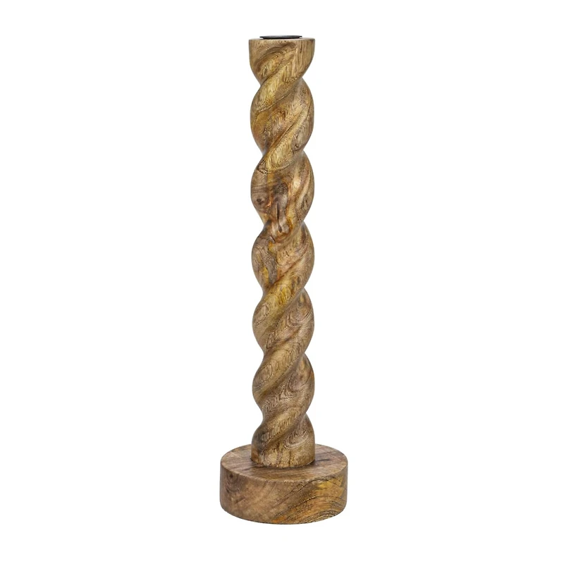 Hello Honey® 14" Tall Natural Hand-Carved Mango Wood Twisted Taper Candle Holder