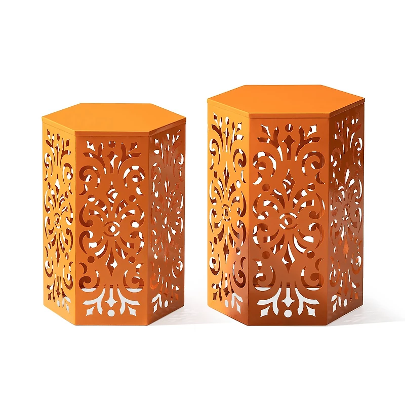Glitzhome® Orange Floral Motif Hexagonal Garden Stool Set