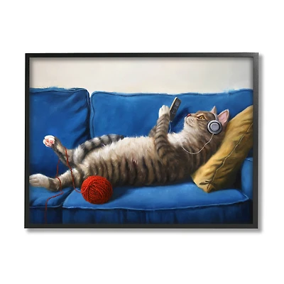 Stupell Industries Cat Couch Relaxing Red Yarn Ball Pet Portrait Framed Wall Art