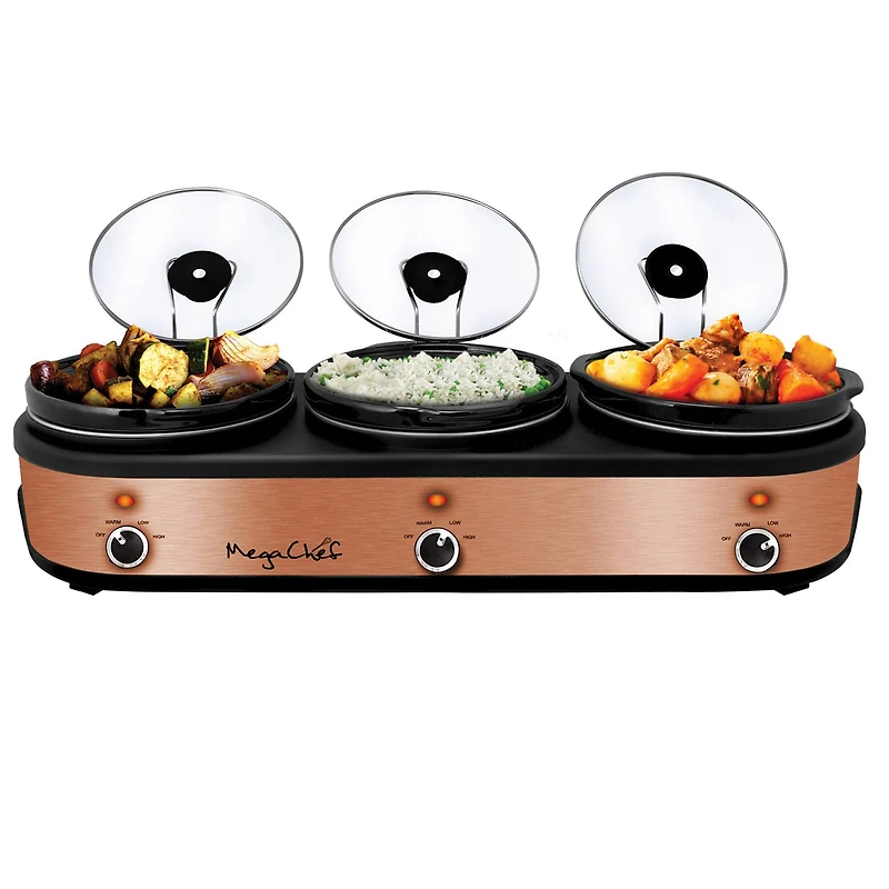 MegaChef Triple 2.5qt. Brushed Copper Slow Cooker and Buffet Server