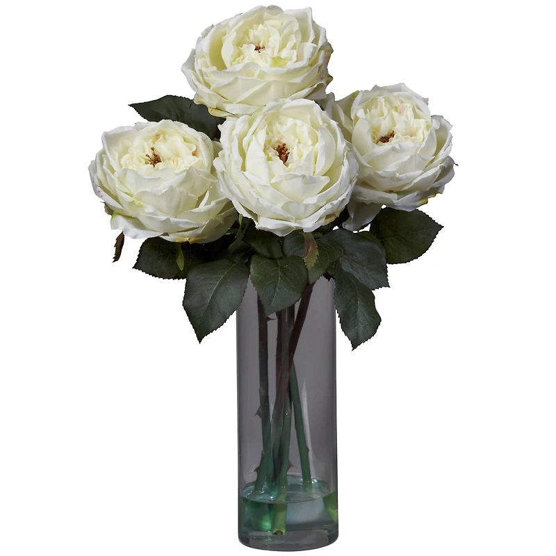 18" White Fancy Rose Arrangement in Glass Cylinder Vase