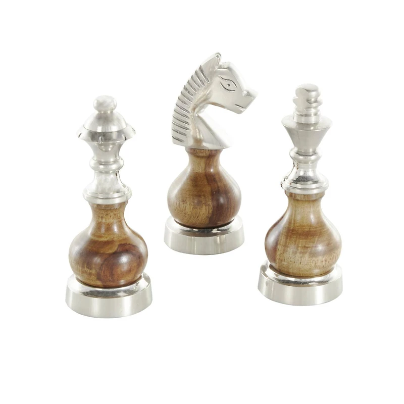 6" Silver Aluminum Metal Chess Sculpture with Round Wood Centers, 3ct.