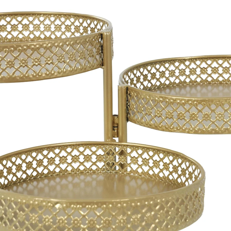 20" Gold Metal Curved Folding 3 Tier Plantstand with Floral & Scroll Patterns