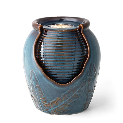 Glitzhome® 9.25" LED Turquoise Leaf Textured Ceramic Jar Tabletop Fountain
