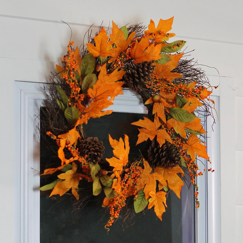 24" Autumn Harvest Decorative Artificial Berries, Leaves, Pine Cones and Twigs Wreath