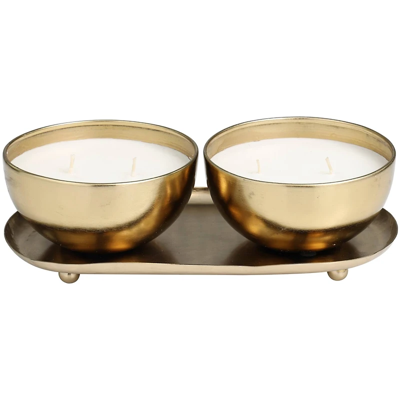 English Garden Scented 2-Wick Candles in Gold Bowls Set