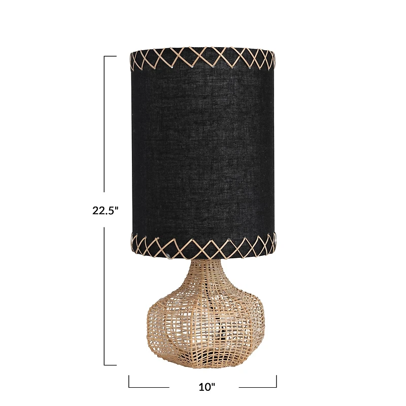 Hello Honey® 21.5" Natural and Black Boho Woven Cane Table Lamp with Linen Shade