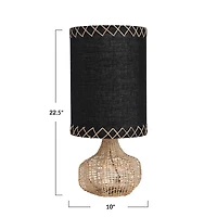 Hello Honey® 21.5" Natural and Black Boho Woven Cane Table Lamp with Linen Shade