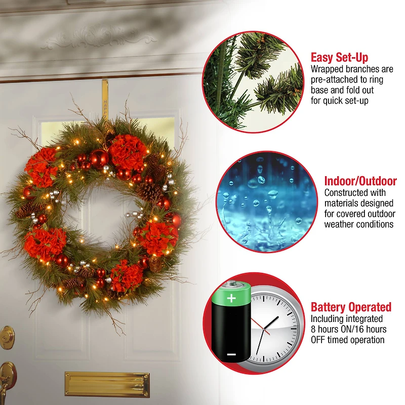 24" Decorative Collection Hydrangea Wreath with Cones, Red Berries & 50ct. Soft White Battery Operated LED Lights with Timer
