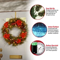 24" Decorative Collection Hydrangea Wreath with Cones, Red Berries & 50ct. Soft White Battery Operated LED Lights with Timer