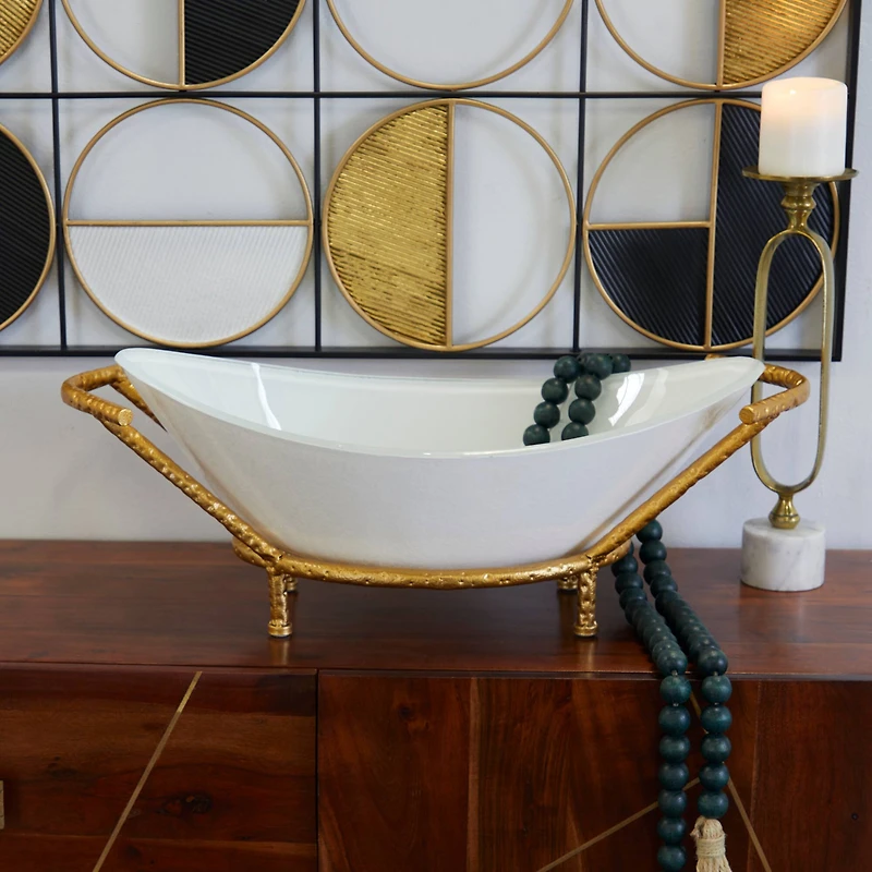 CosmoLiving by Cosmopolitan 25" White Glass Kitchen Serving Bowl with Gold Metal Stand