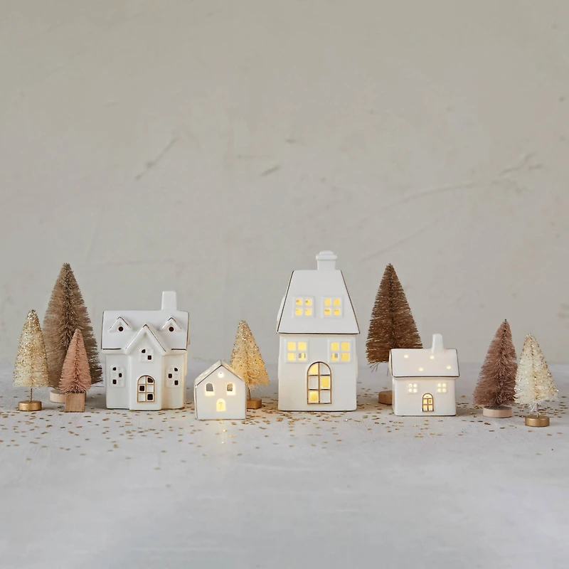 Hello Honey® White LED Stoneware Village with Gold Electroplating