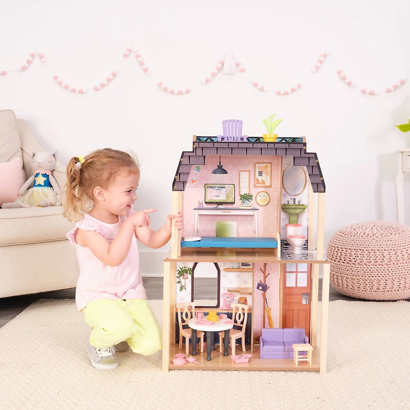 KidKraft Bella View Wooden Dollhouse with Rooftop Deck & 31 Accessories