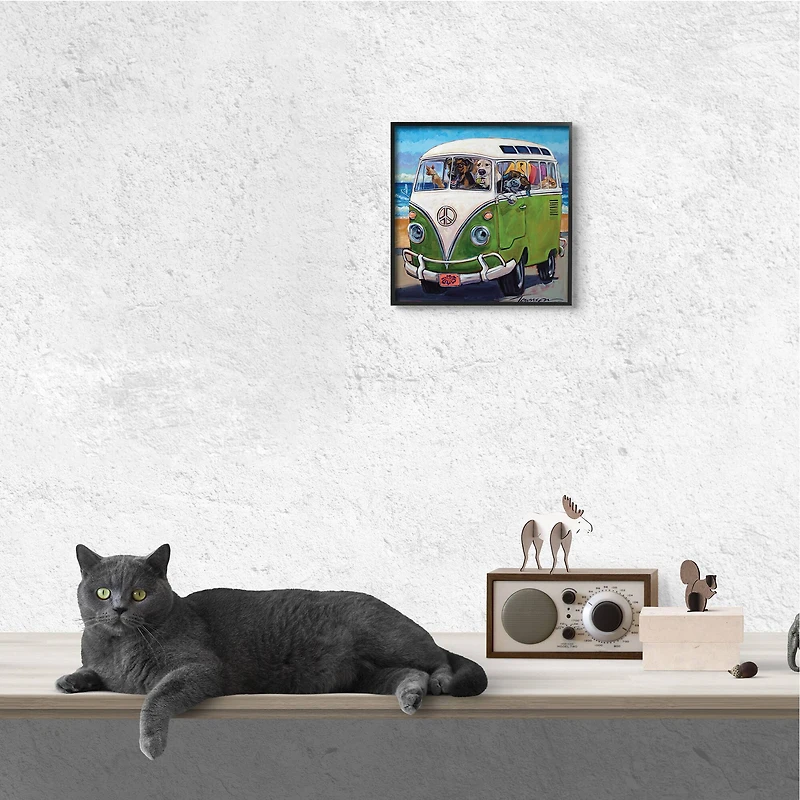 Stupell Industries Dogs Driving Retro Van Summer Beach Trip Black Framed Wall Art