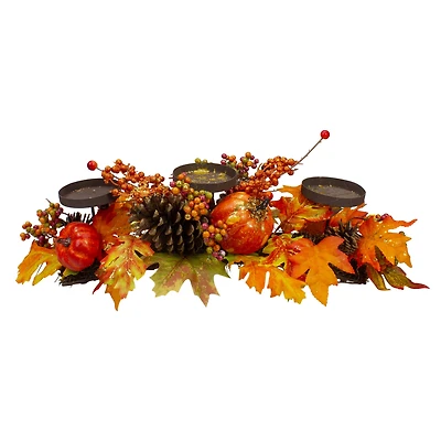 21" Orange Fall Harvest Leaves & Pumpkins Candle Holder