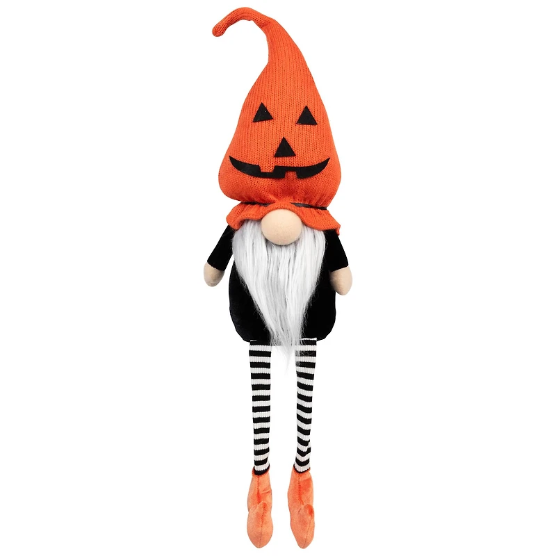 22" Halloween Jack-O-Lantern Striped Tabletop Gnome Figurine with Dangling Legs