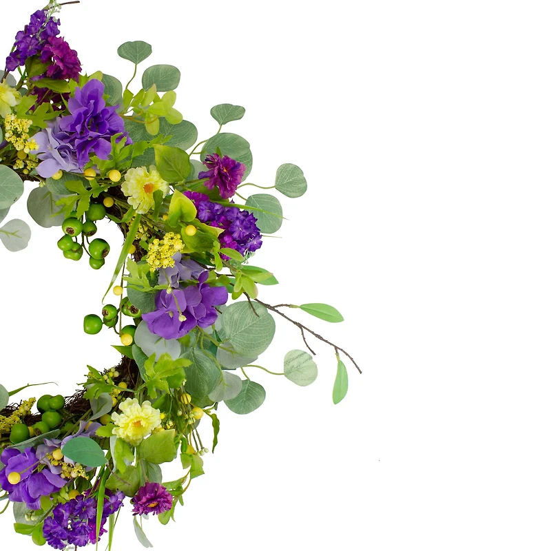 23" Purple & Yellow Eucalyptus & Hydrangea Floral Berry Spring Wreath