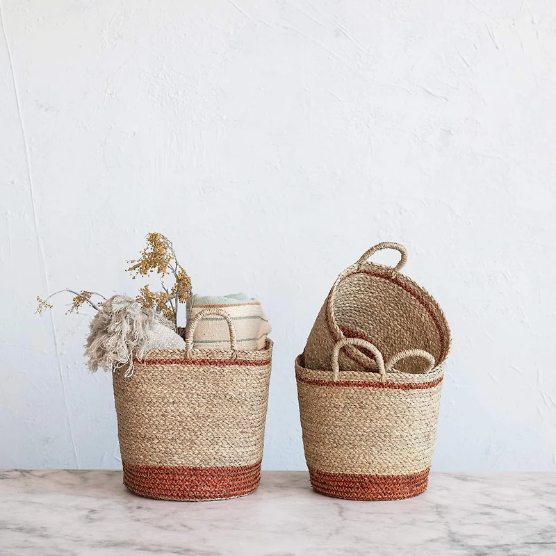 Hello Honey® Natural & Brown Striped Woven Seagrass Handled Nesting Basket Set