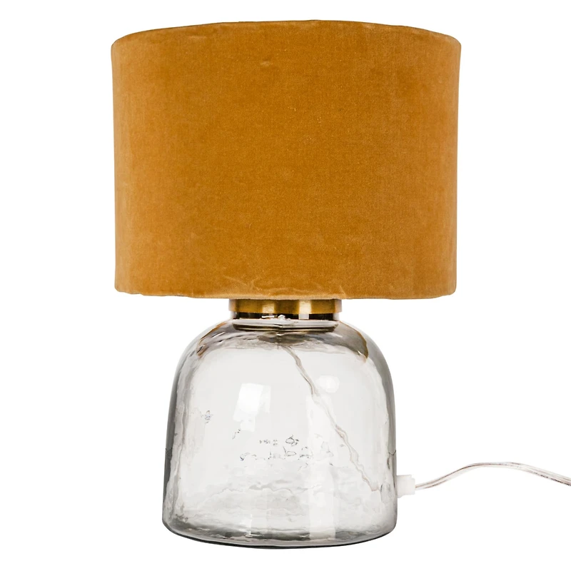 Hello Honey® 14" Modern Table Lamp with Glass Base & Mustard Yellow Velvet Shade