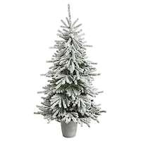 6ft. Pre-Lit Flocked Long Vermont Pine Artificial Christmas Tree in Decorative Planter, White LED Lights 